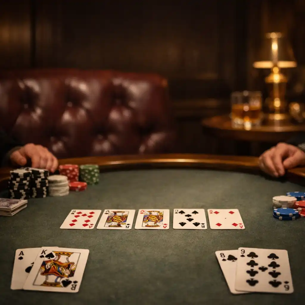 Diskrétní pokerový stůl s kartami a úhledně srovnanými žetony v kultivovaném salonku