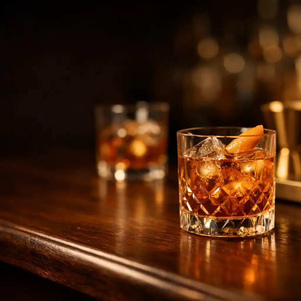 Craft cocktail ve strukturované sklenici na tmavém dřevěném barovém pultu.