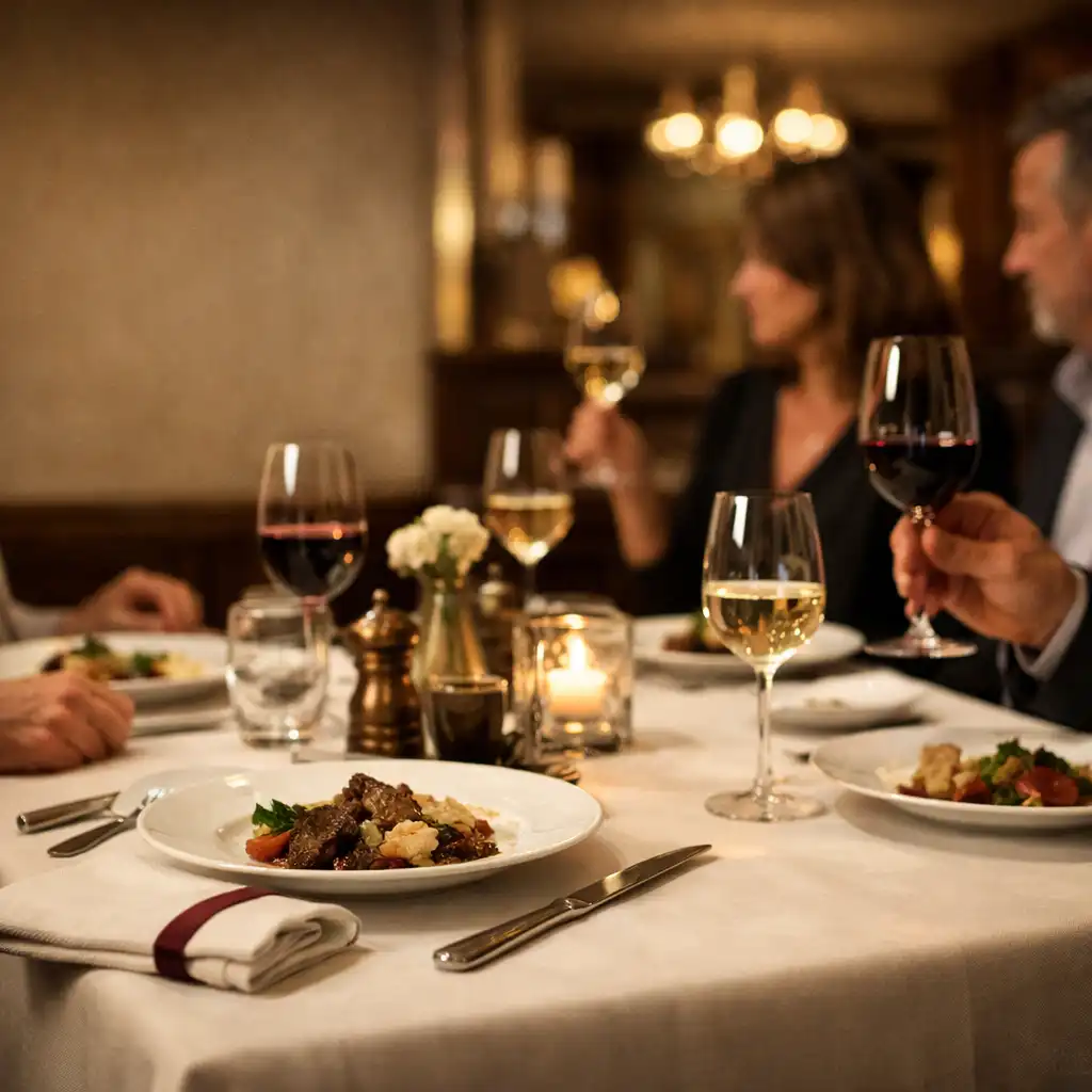 Večerně prostřený stůl se sklenkami, lněným ubrouskem a tlumeným světlem restaurace.
