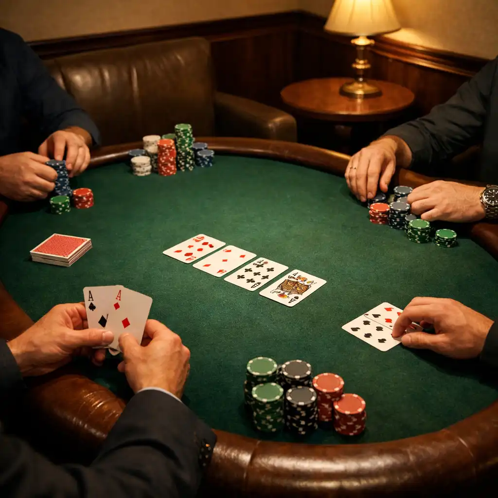 Offline pokerový stůl s kartami, žetony a rukama dospělých hostů v diskrétním salonku.