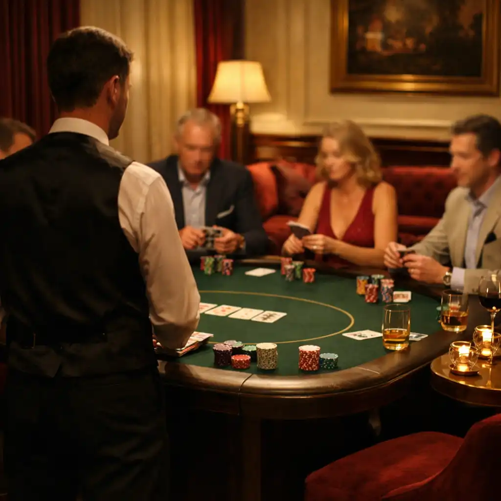 Dospělí hosté kolem soukromého pokerového stolu v elegantním večerním salonku.