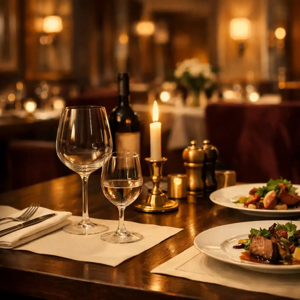 Prostřený večerní stůl se sklem na víno v teplém interiéru restaurace