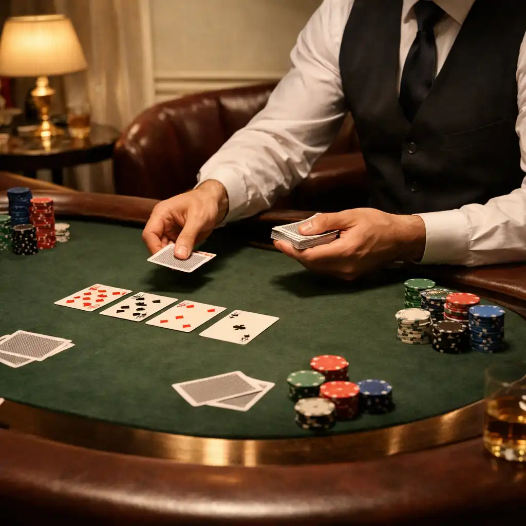 Komorní pokerový stůl s kartami a žetony při živé hře