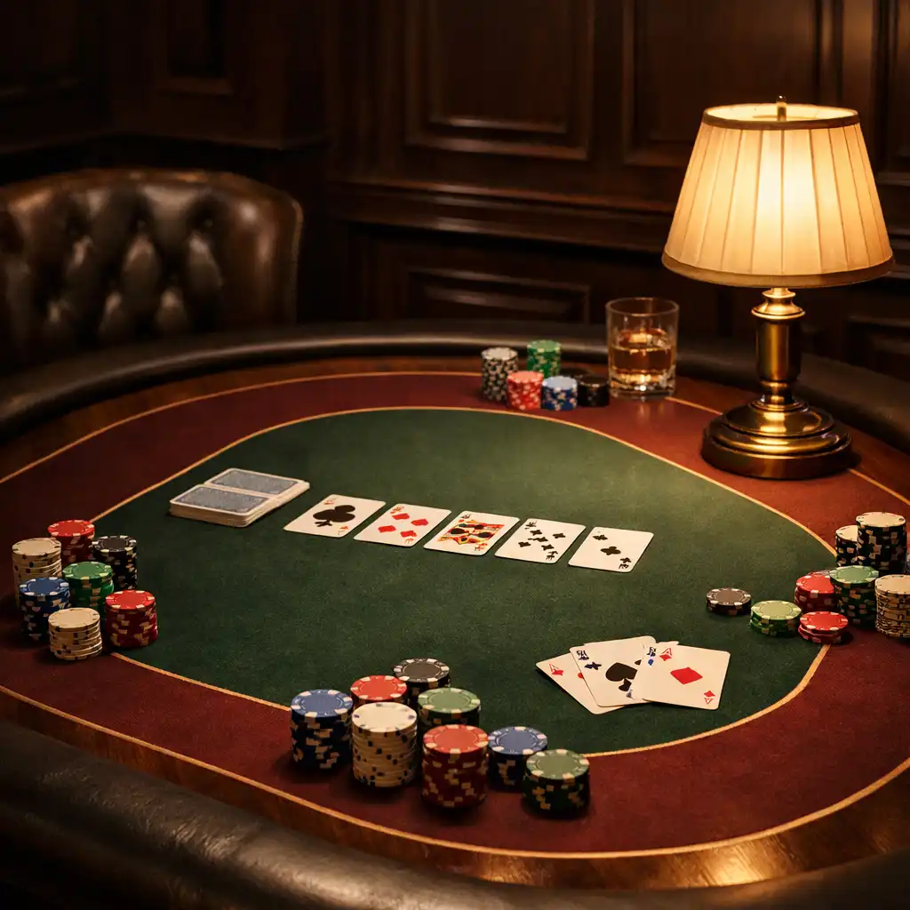 Diskrétní pokerový stůl s kartami, žetony a teplým salonkovým světlem