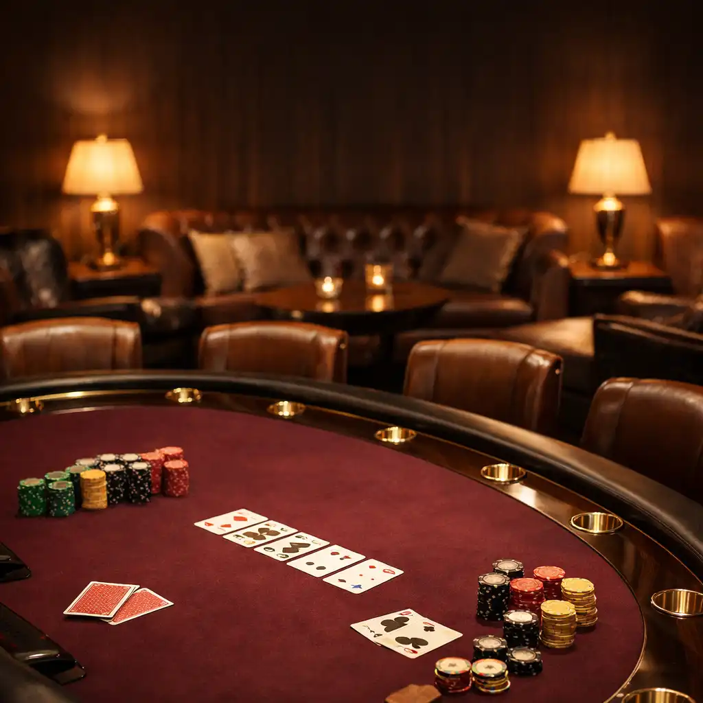 Vínový pokerový stůl se žetony a kartami v intimním salonku