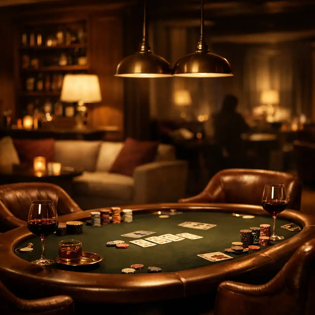 Soukromý pokerový stůl a lounge sezení v teplém interiéru