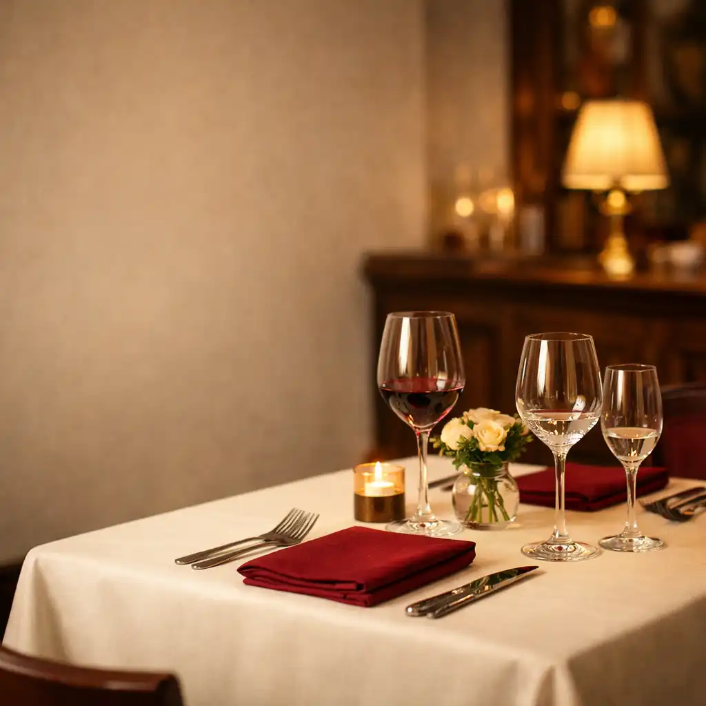 Večerně prostřený stůl se sklem na víno v teplém světle restaurace