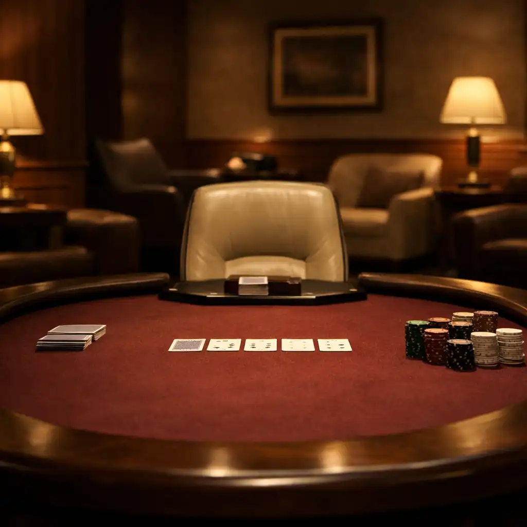 Připravený dřevěný pokerový stůl s kartami a žetony v soukromém salonku