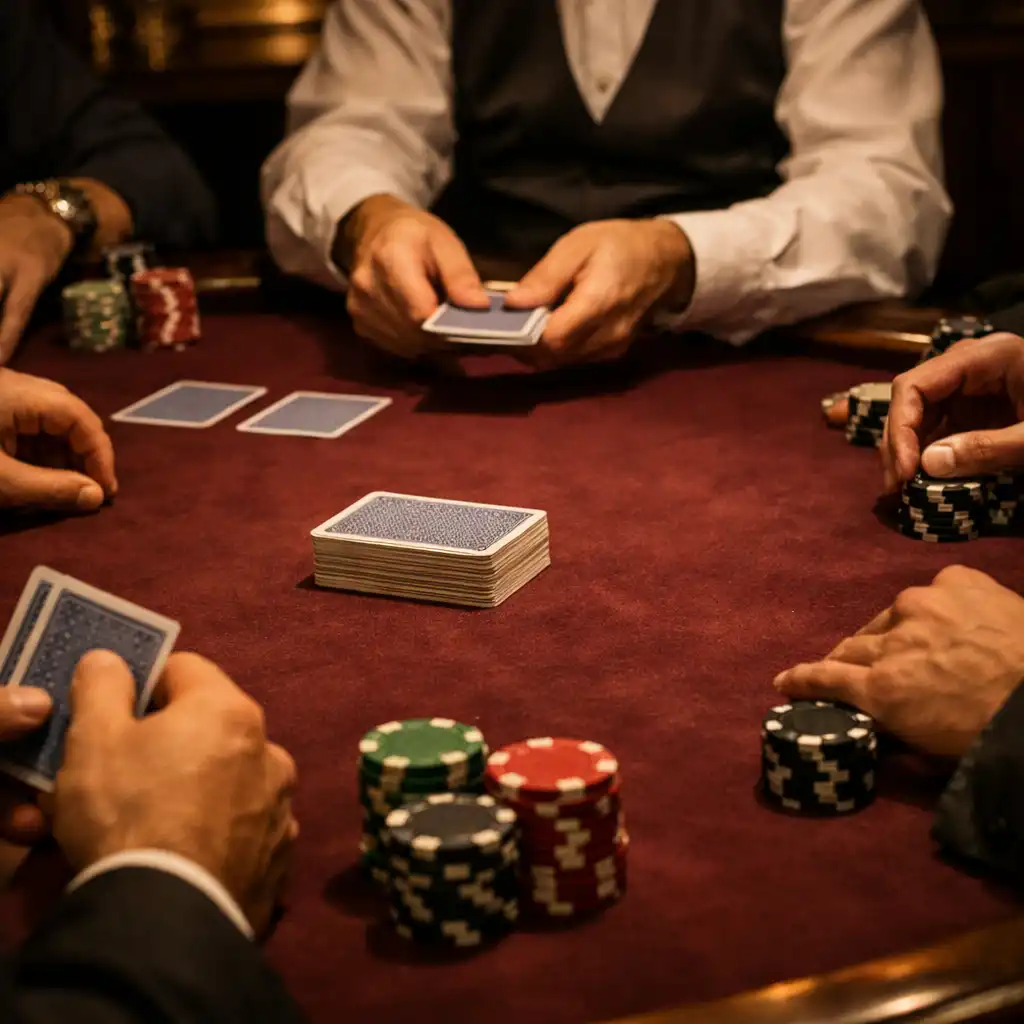 Ruce dospělých hostů, karty a žetony při Texas Hold’em u skutečného stolu